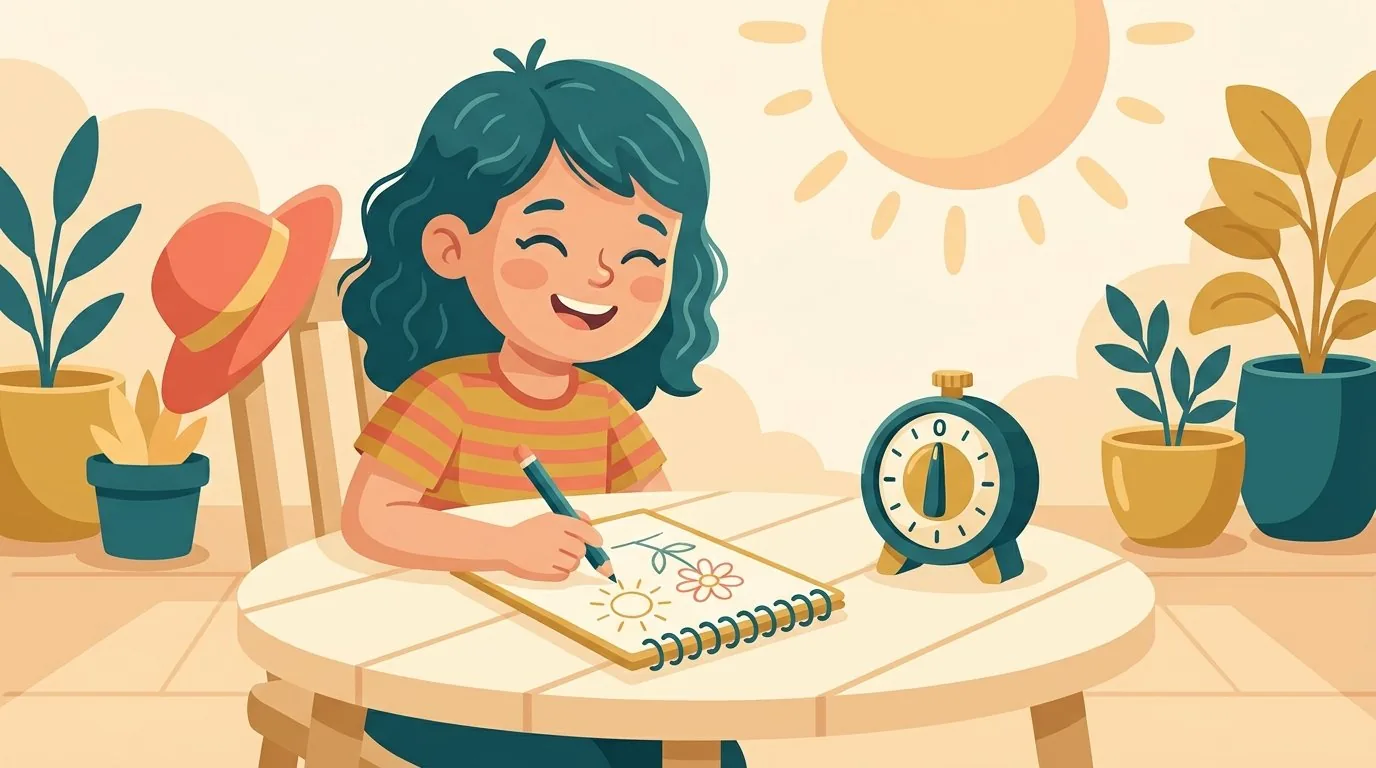 Un enfant travaille quelques minutes sur son cahier de vacances à côté d'un minuteur de cuisine posé sur la table