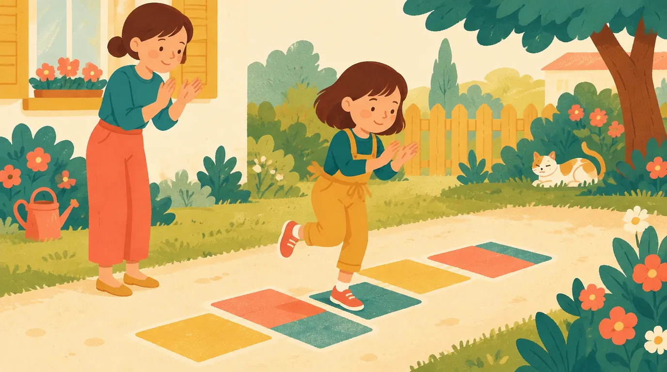 Une fillette saute sur une marelle aux cases colorées dans le jardin en tapant des mains, pendant que sa mère tape le rythme avec elle