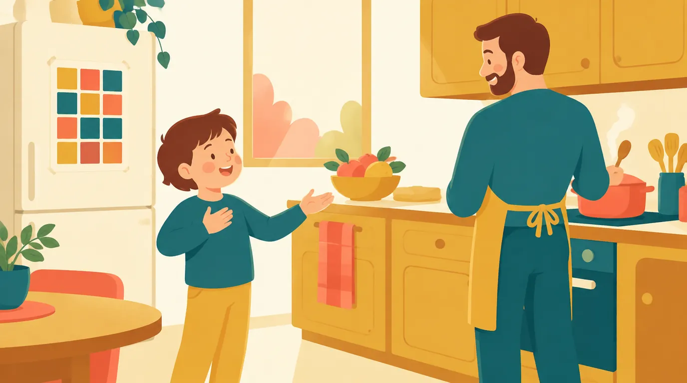 Un garçon de 8 ans récite fièrement ses tables dans la cuisine pendant que son père l'écoute près des fourneaux, une affiche quadrillée et colorée accrochée sur le réfrigérateur