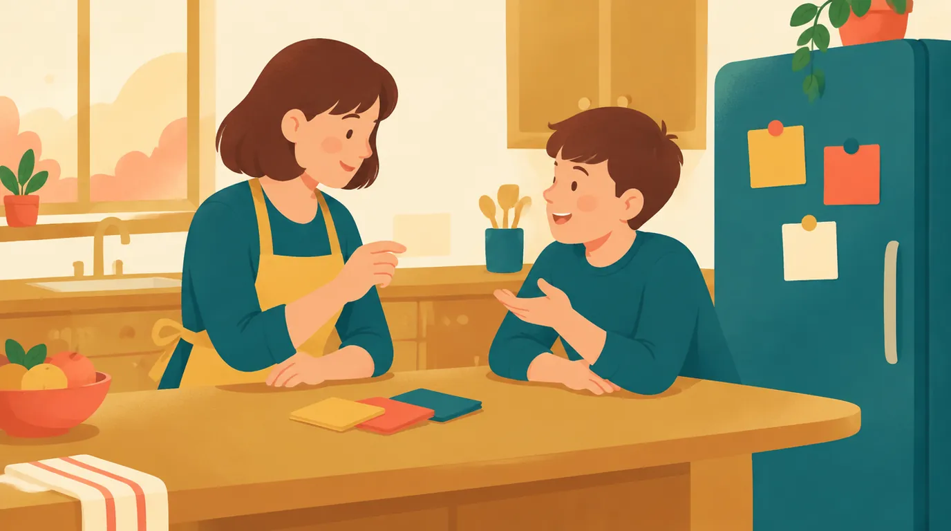 Dans la cuisine, une mère interroge son fils de 12 ans en tenant une fiche à la main, des fiches colorées aimantées sur la porte du réfrigérateur