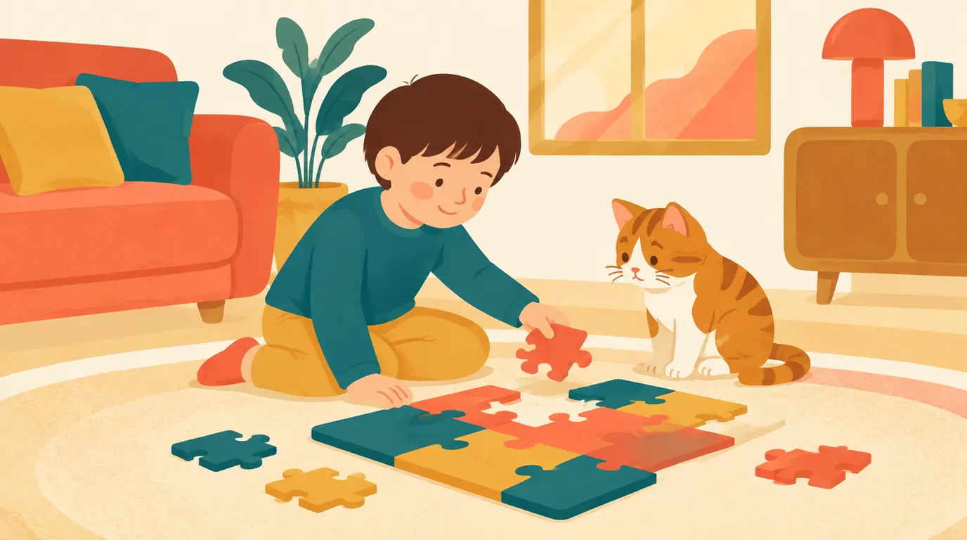 Un garçon assemble un grand puzzle aux pièces colorées sur le tapis du salon, sous le regard de son chat