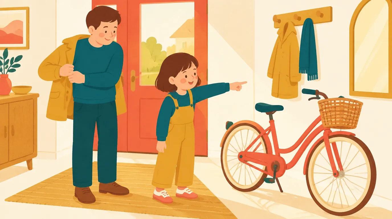 Dans l'entrée de la maison, une fillette montre son vélo rouge à panier en osier, son père sourit en enfilant son manteau