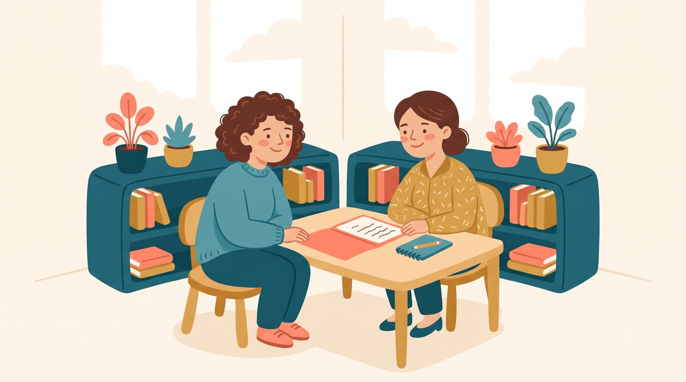 Un parent et l'enseignante de son enfant discutent calmement autour d'une petite table dans une classe, un cahier et un carnet de notes ouverts entre eux
