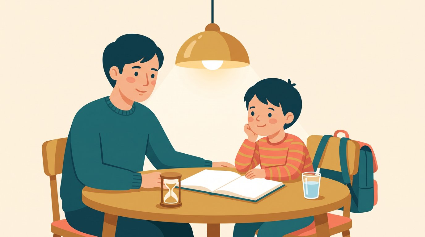 Un parent assis tout près de son enfant à la table de la cuisine lui lit la consigne à voix haute, un sablier posé à côté du cahier ouvert