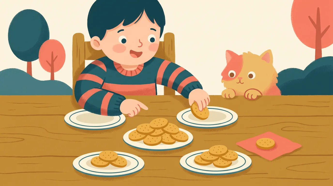A child shares biscuits equally between four plates, with one biscuit left aside on a napkin