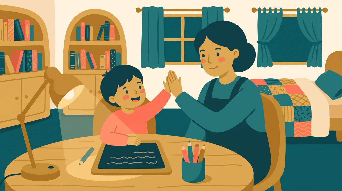 A child and you high-five at the desk after checking an exercise