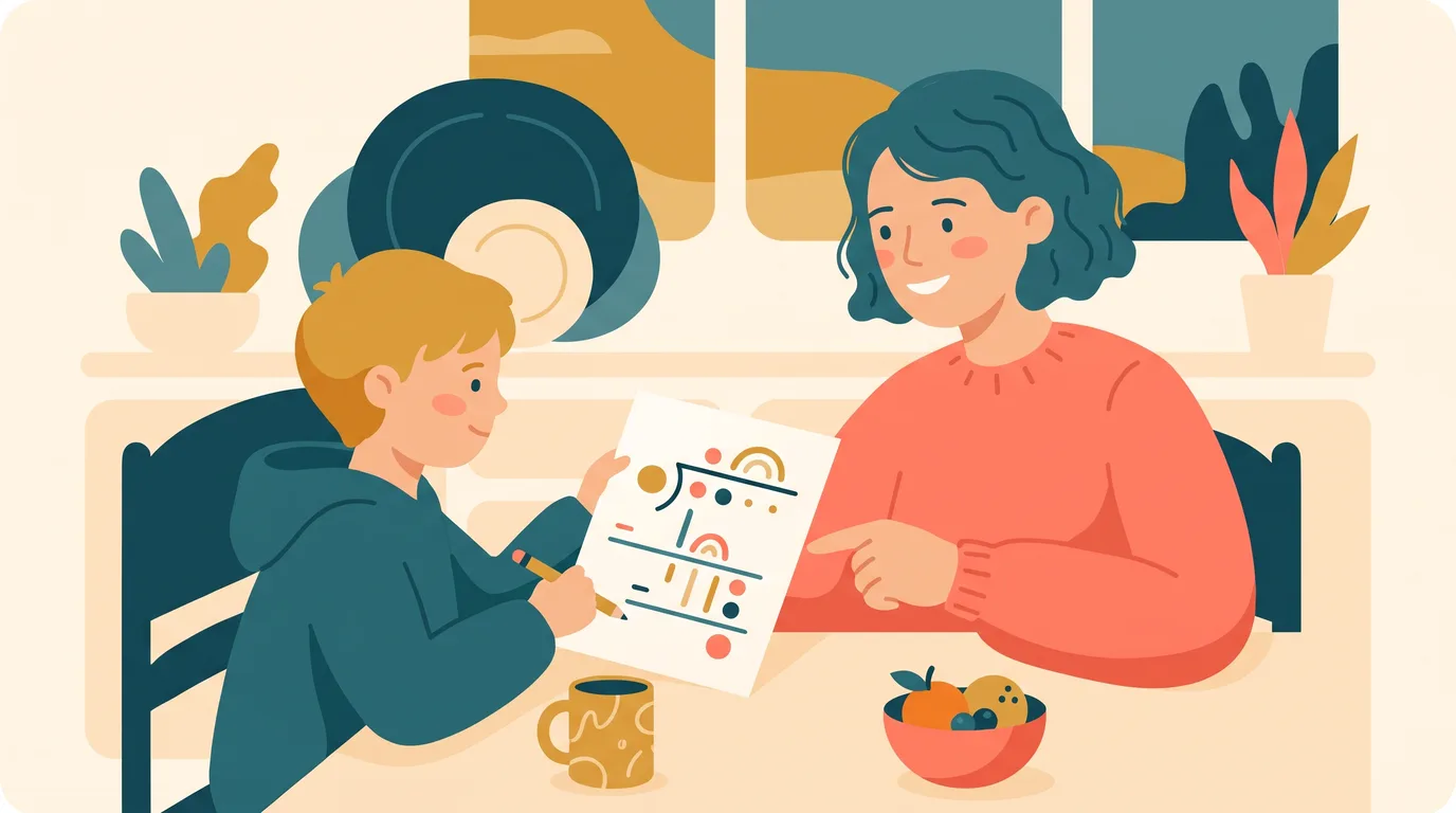 A child is working through a long division on a sheet at the kitchen table, while you smile and show them a step