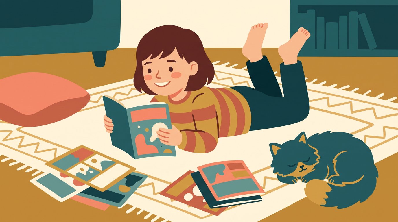 Une enfant allongée sur le tapis du salon, absorbée par une bande dessinée, entourée d'une pile de BD et de magazines