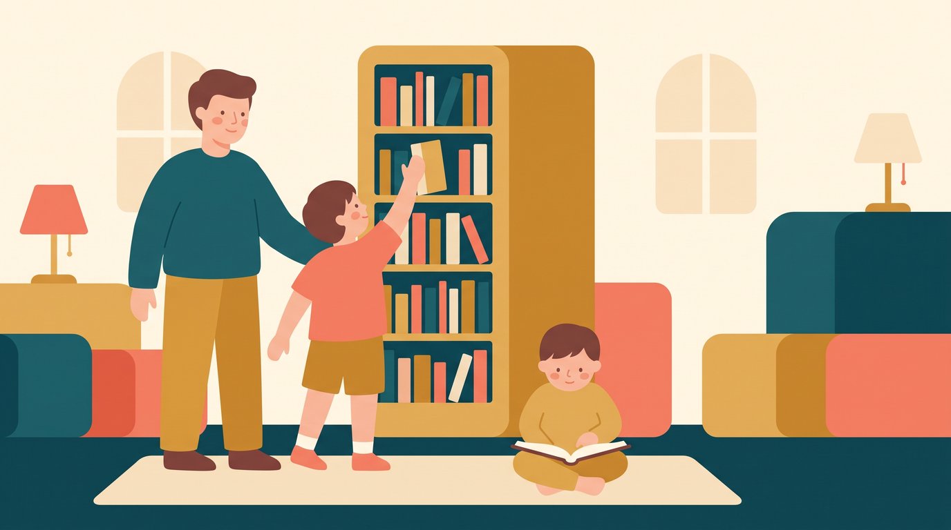 À la bibliothèque, un enfant attrape lui-même un livre sur l'étagère pendant que son petit frère lit assis par terre