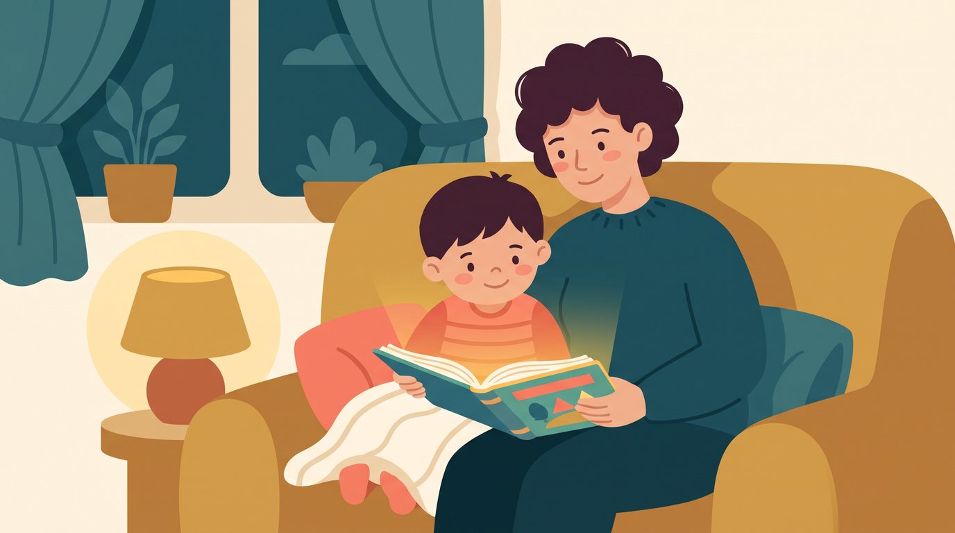 Donner le goût de la lecture à son enfant : un parent et son enfant blottis sur le canapé le soir, lisant ensemble le même album sous une lampe