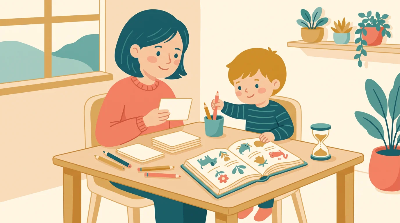 Un parent et un enfant préparent le matériel pour une courte séance