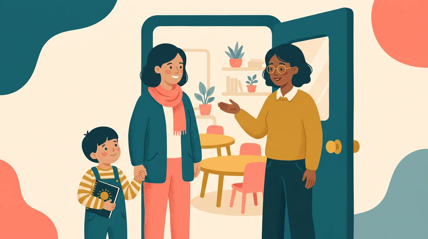 Un parent échange avec une enseignante en présence de son enfant