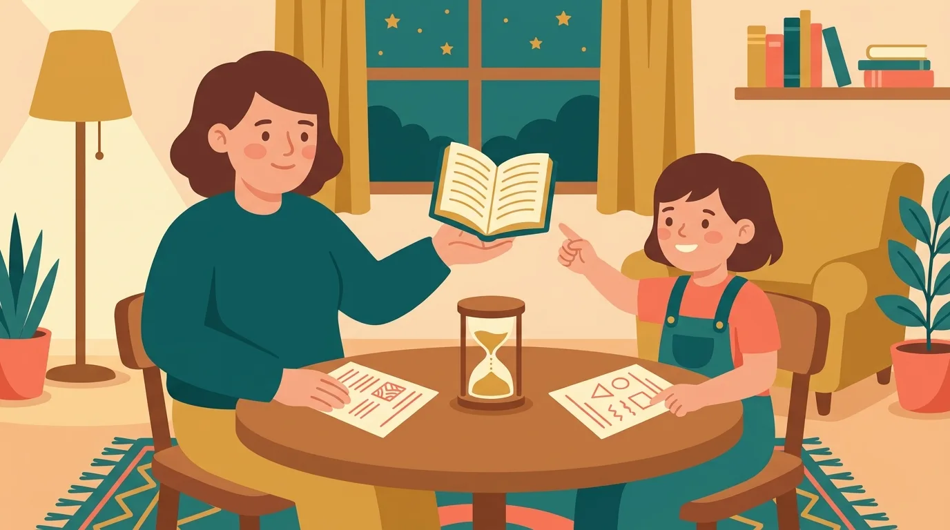 Ein Elternteil schlägt zwei Aktivitäten vor, das Kind entscheidet sich und zeigt auf ein Buch, eine Sanduhr steht auf dem Tisch