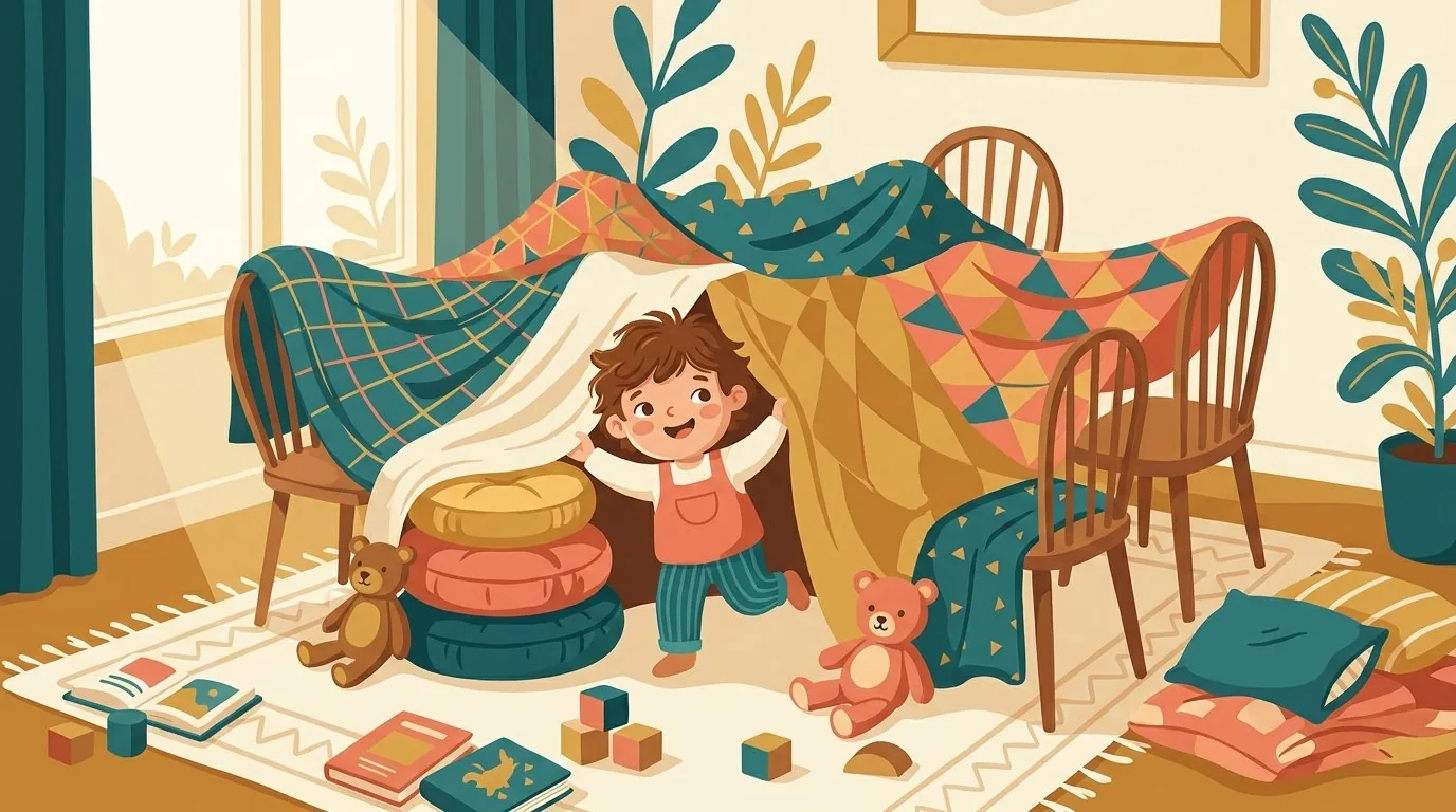 Un enfant joyeux construit une cabane avec des draps et des coussins dans le salon en laissant libre cours à son imagination