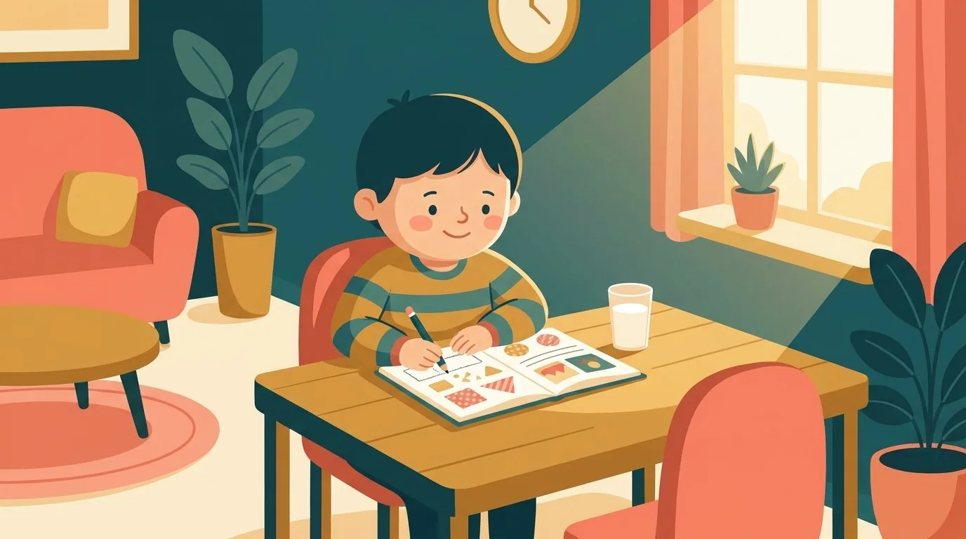 Un enfant fait tranquillement une page de son cahier d'activités le matin à la table de la cuisine pendant les vacances