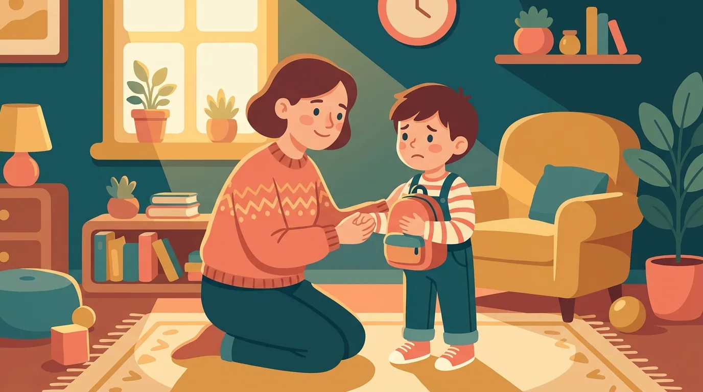 Un parent agenouillé à hauteur d'enfant tient les mains de son fils inquiet, qui serre son cartable contre lui, la veille de la rentrée