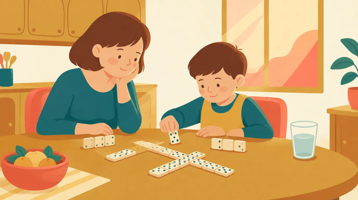 Une mère et son fils de 8 ans jouent aux dominos sur la table de la salle à manger