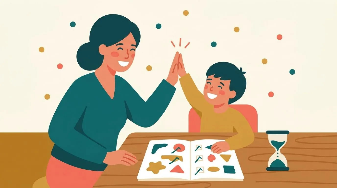 Un parent et son enfant fêtent d'un high-five une page de révisions terminée