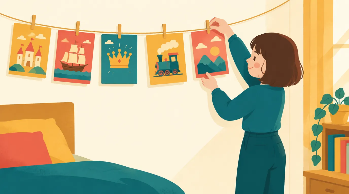 Une frise chronologique faite de fiches colorées accrochées par des pinces à linge sur un fil tendu au mur, une adolescente en ajoute une