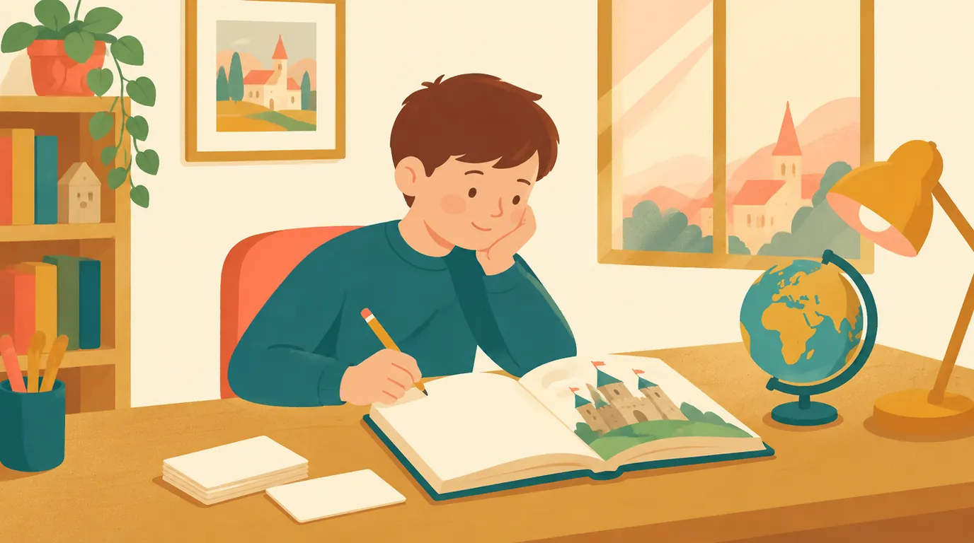 Un collégien de 14 ans révise l'histoire à son bureau, avec un livre ouvert sur l'illustration d'un château, des fiches bristol et un globe