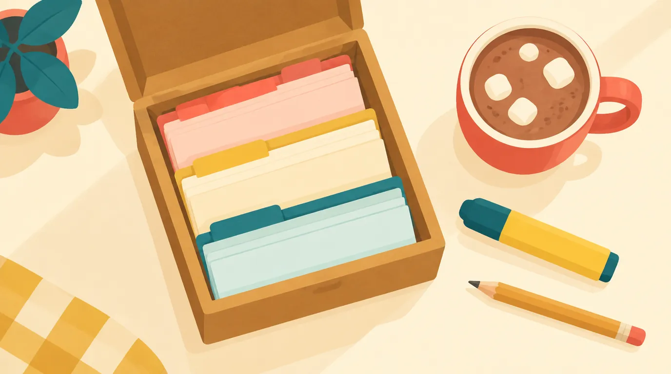 Vue de dessus d'une boîte en bois remplie de fiches de révision classées par couleurs, avec un surligneur, un crayon et un chocolat chaud posés à côté