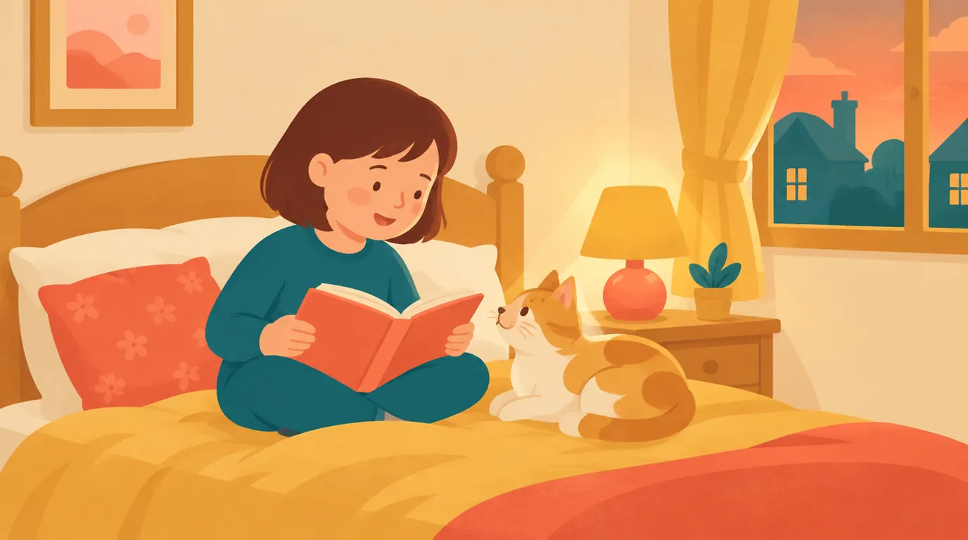 Une fillette assise sur son lit lit un livre à voix haute à son chat, à la lumière d'une petite lampe allumée