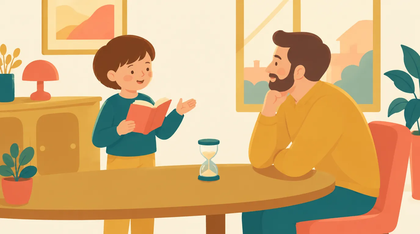 Un garçon de 8 ans lit à voix haute, debout, un sablier posé sur la table, pendant que son père l'écoute attentivement