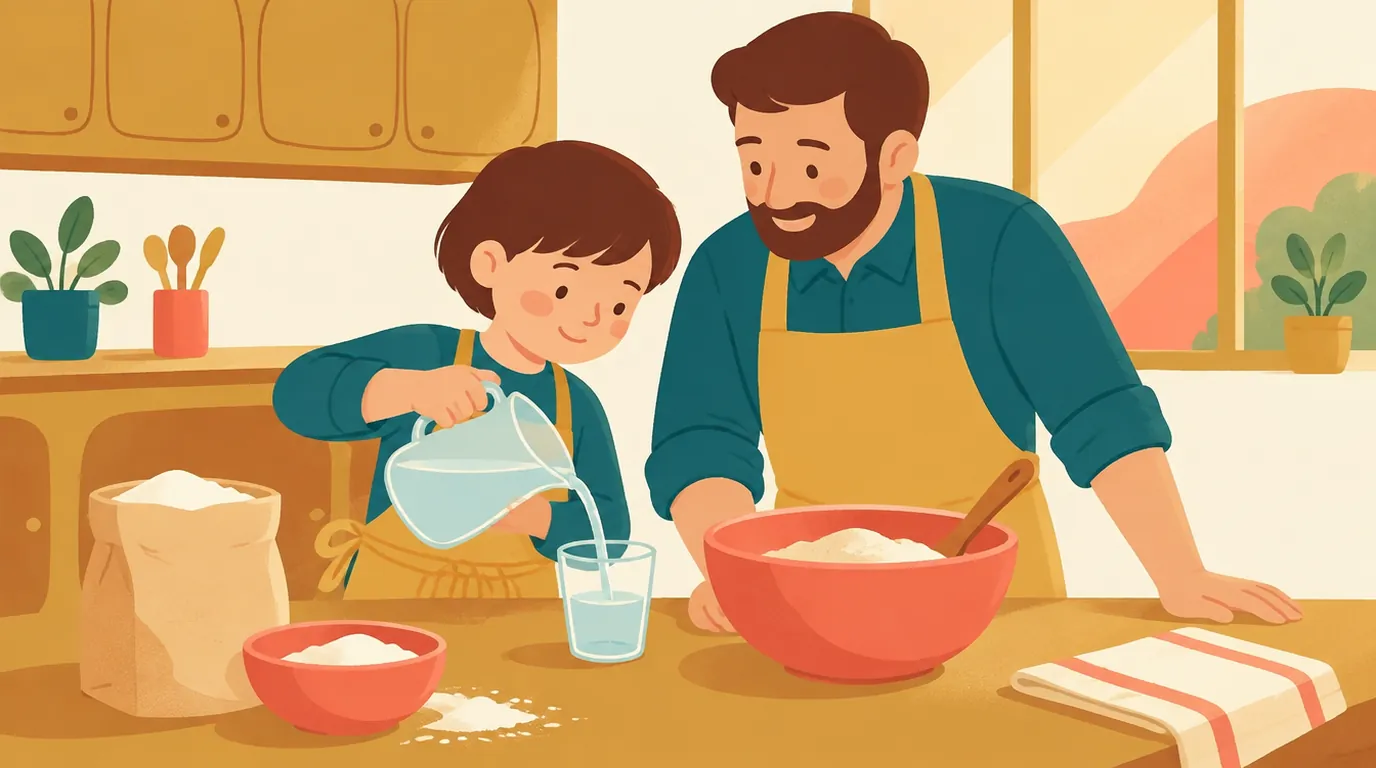 Ein Junge gießt beim Kochen mit seinem Vater Wasser in einen Messbecher; auf der Arbeitsfläche liegen Mehl und eine Rührschüssel
