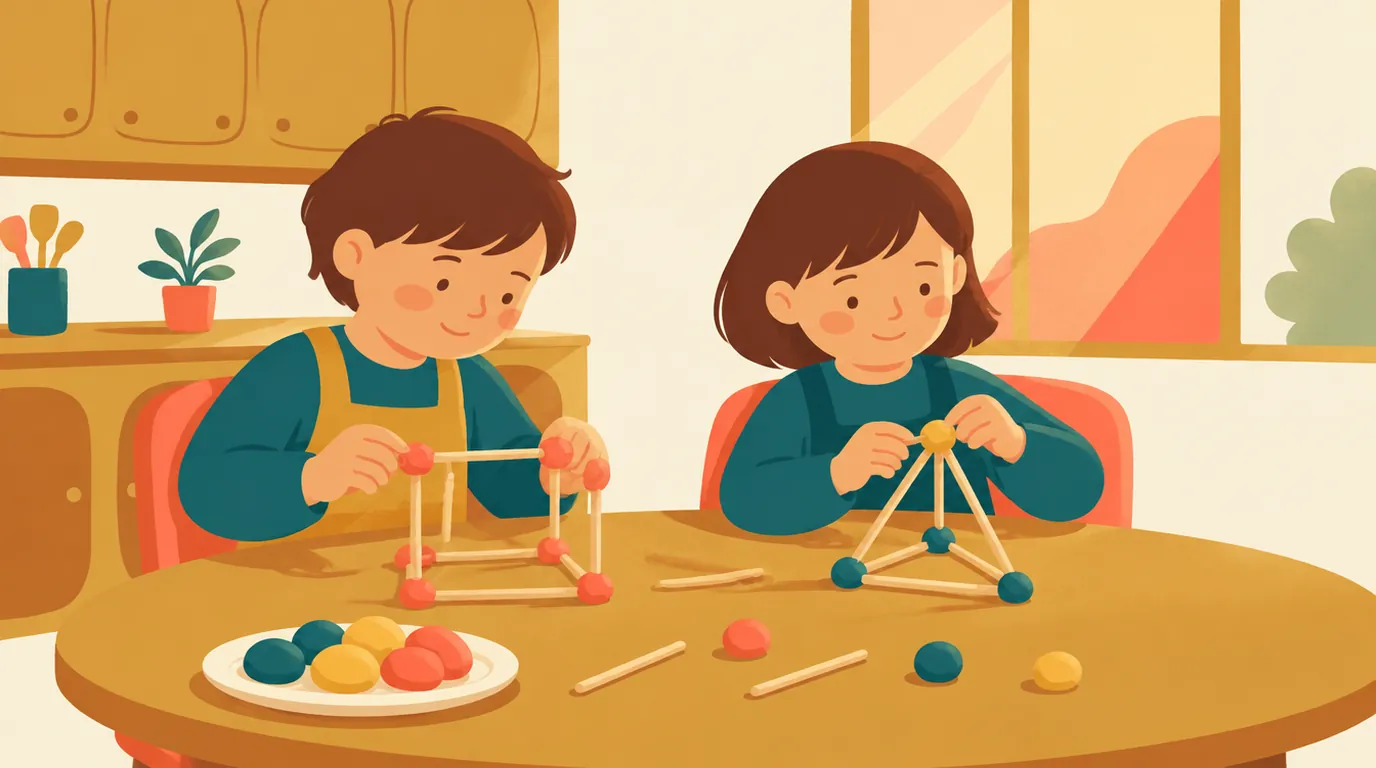 Deux enfants construisent des formes géométriques avec des bâtonnets et des boules de pâte à modeler