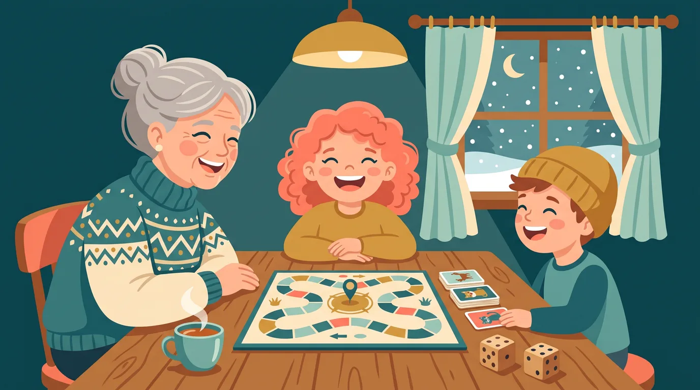 A grandmother and two children laugh together over a board game at the kitchen table