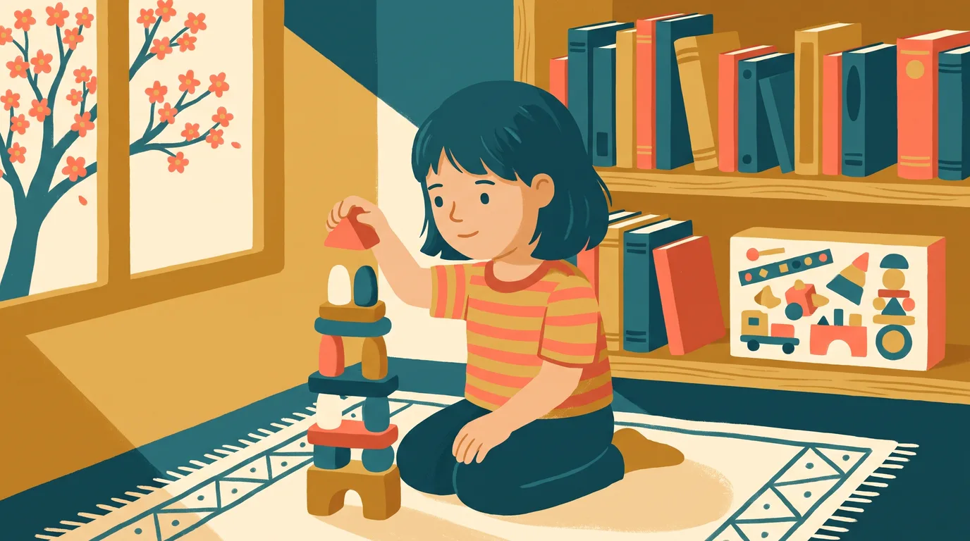 A little girl builds a tower of wooden blocks on a rug in spring, in front of a bookshelf