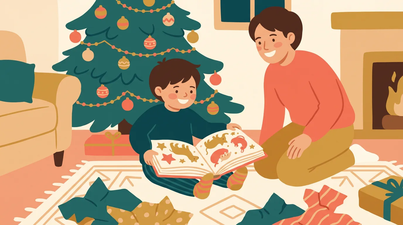 A child opens a beautiful illustrated book at the foot of the Christmas tree, watched by a smiling parent