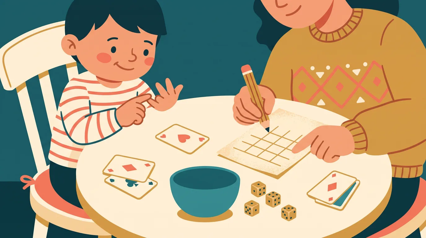 A child and parent adding up points on a score sheet next to playing cards
