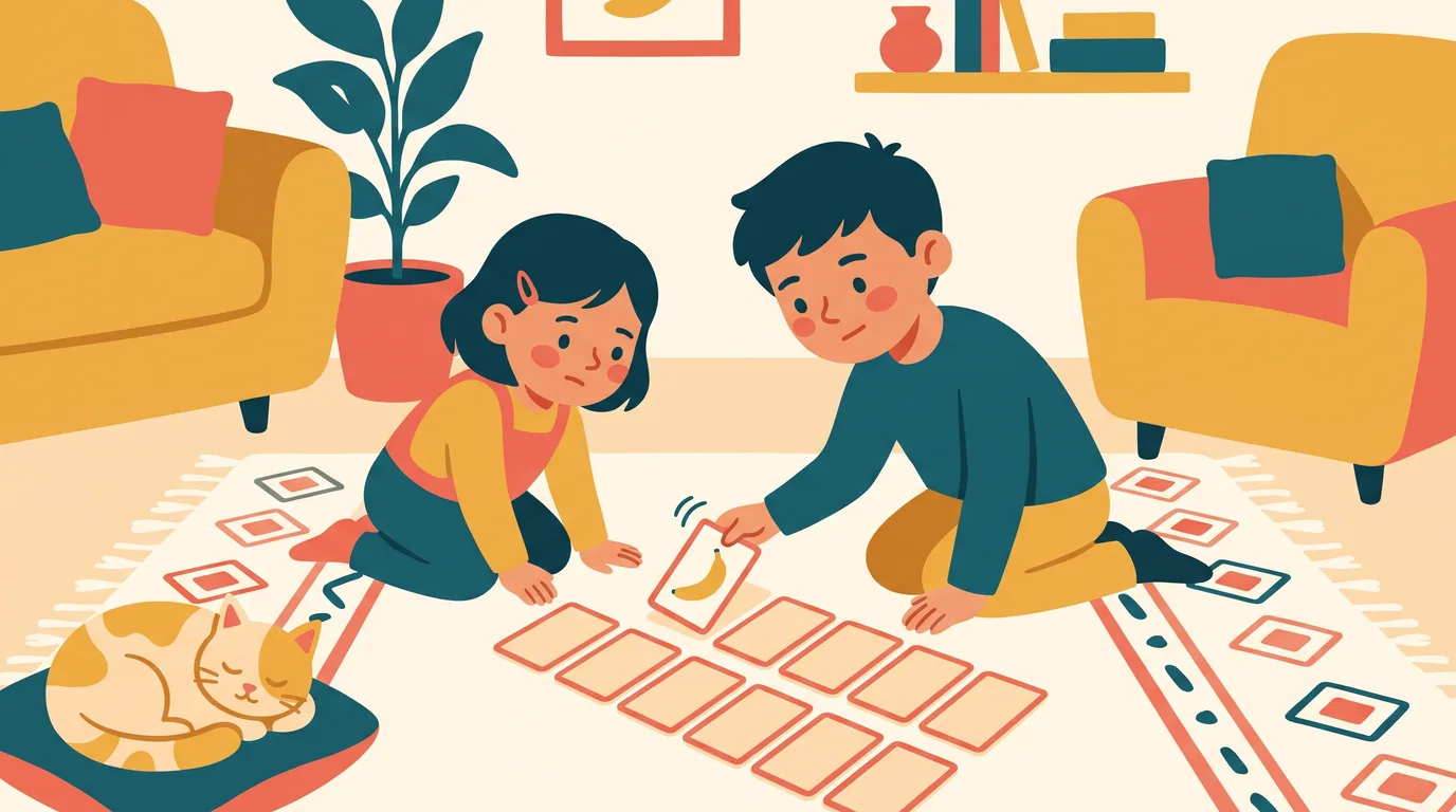 Two children turning over memory cards on a rug, deeply focused