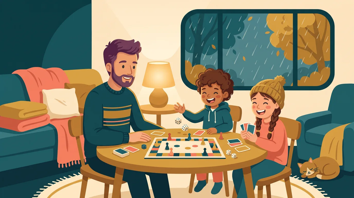 A family playing a board game around the living room table, the child rolling the dice with excitement