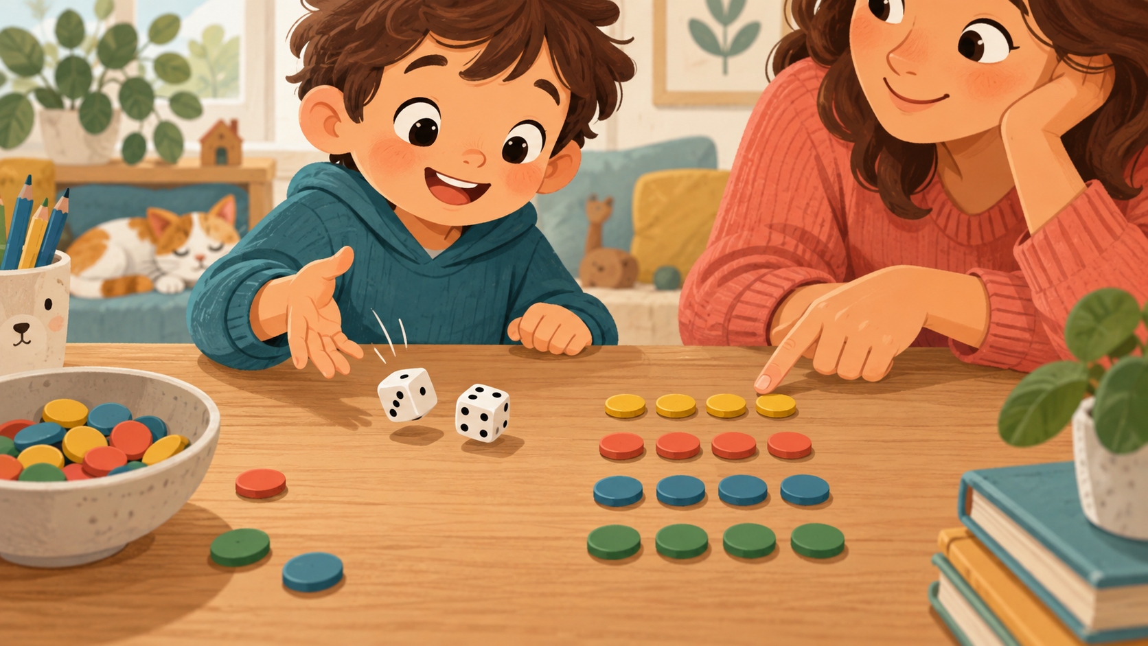 Un niño lanza dados y organiza fichas para entender una multiplicación