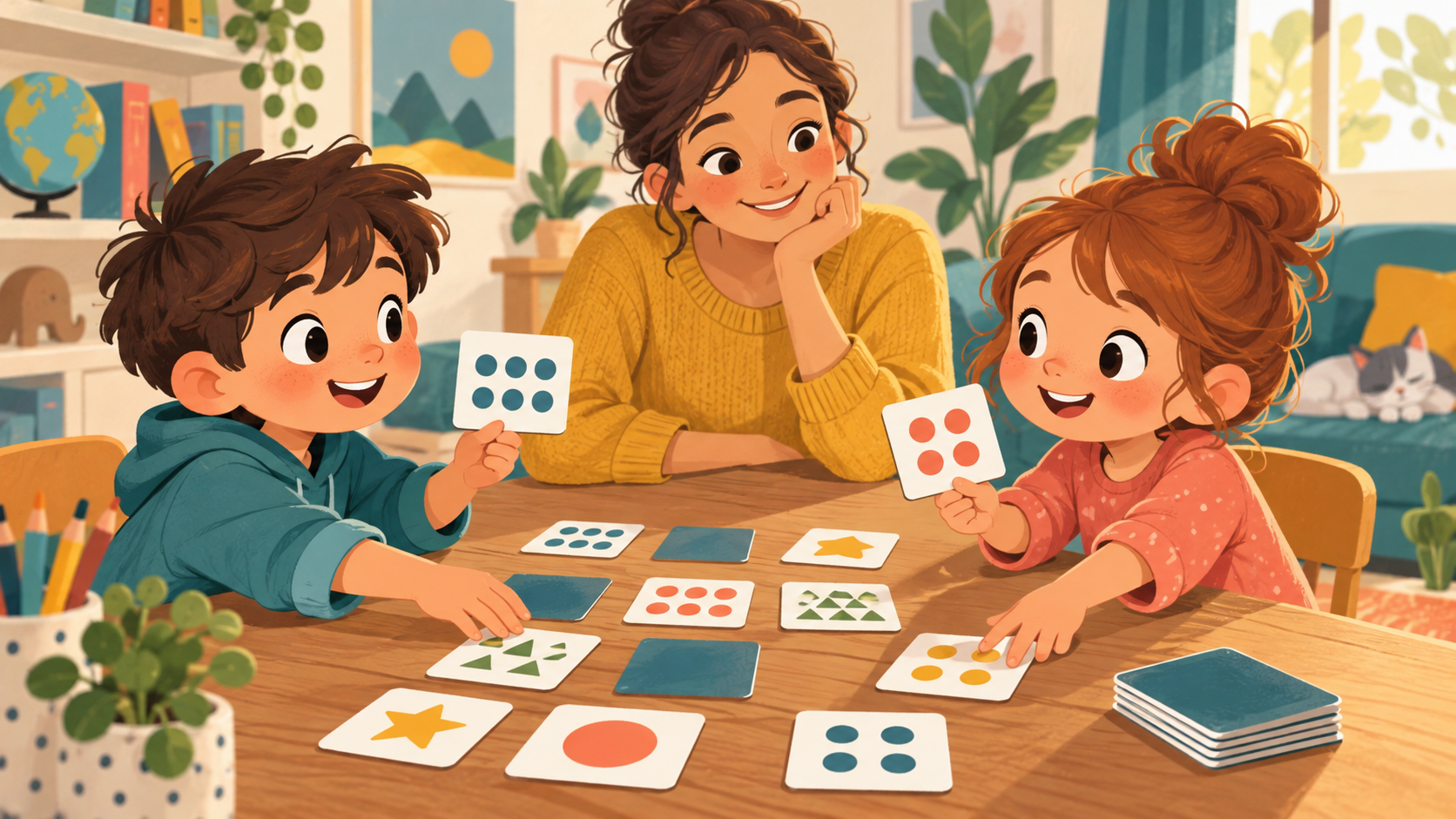 Dos niños juegan a emparejar cartas de cantidades