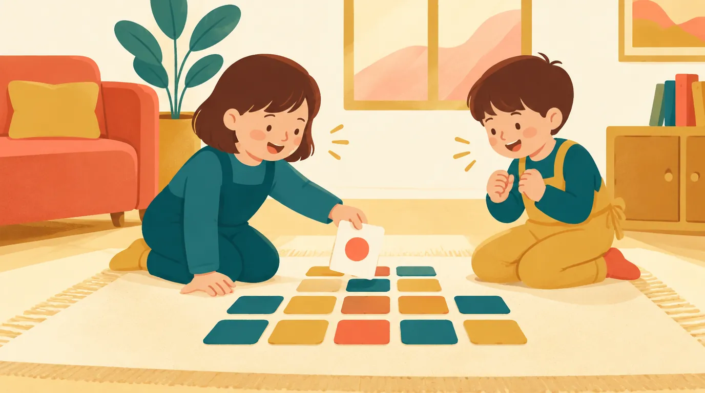 Two children sitting on the rug play a memory game with colourful cards placed face down
