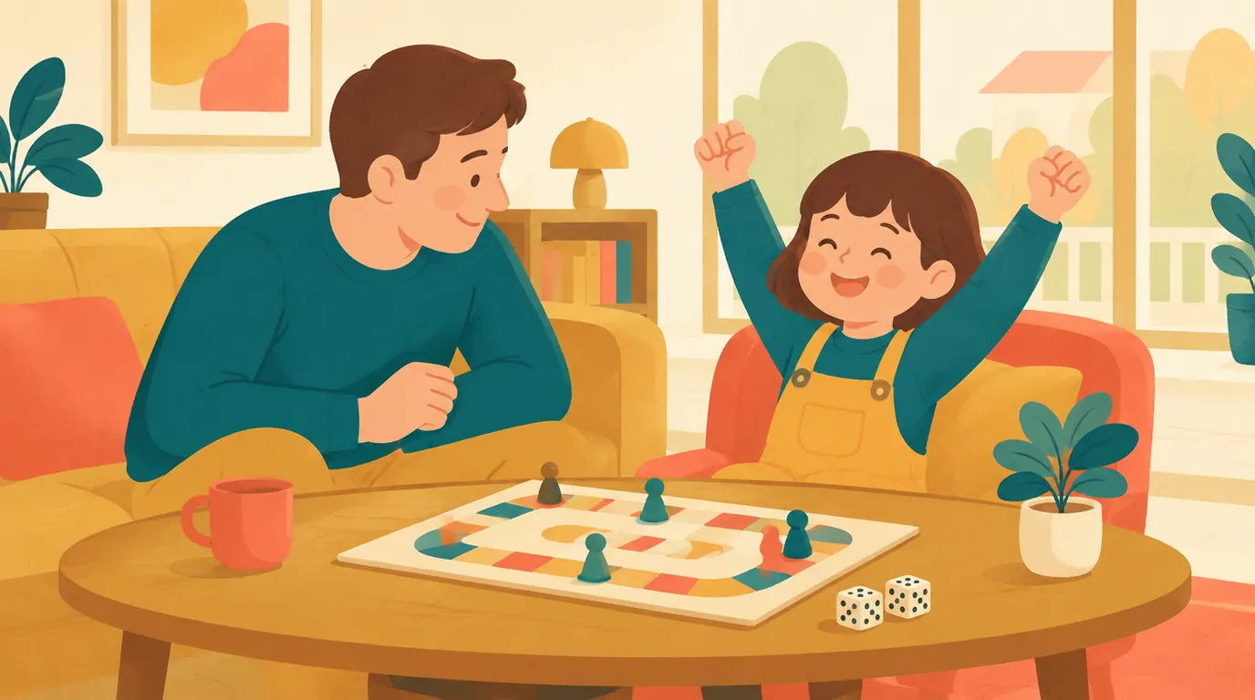A father and his 8-year-old daughter play a board game on the coffee table; the girl raises her arms in victory