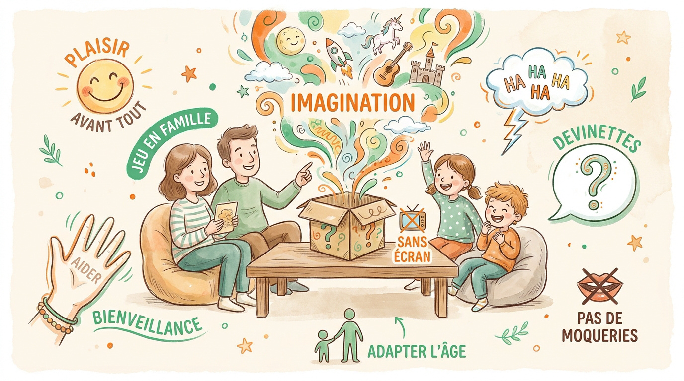 Illustration des règles du jeu en famille : plaisir, entraide, devinettes et absence de moqueries