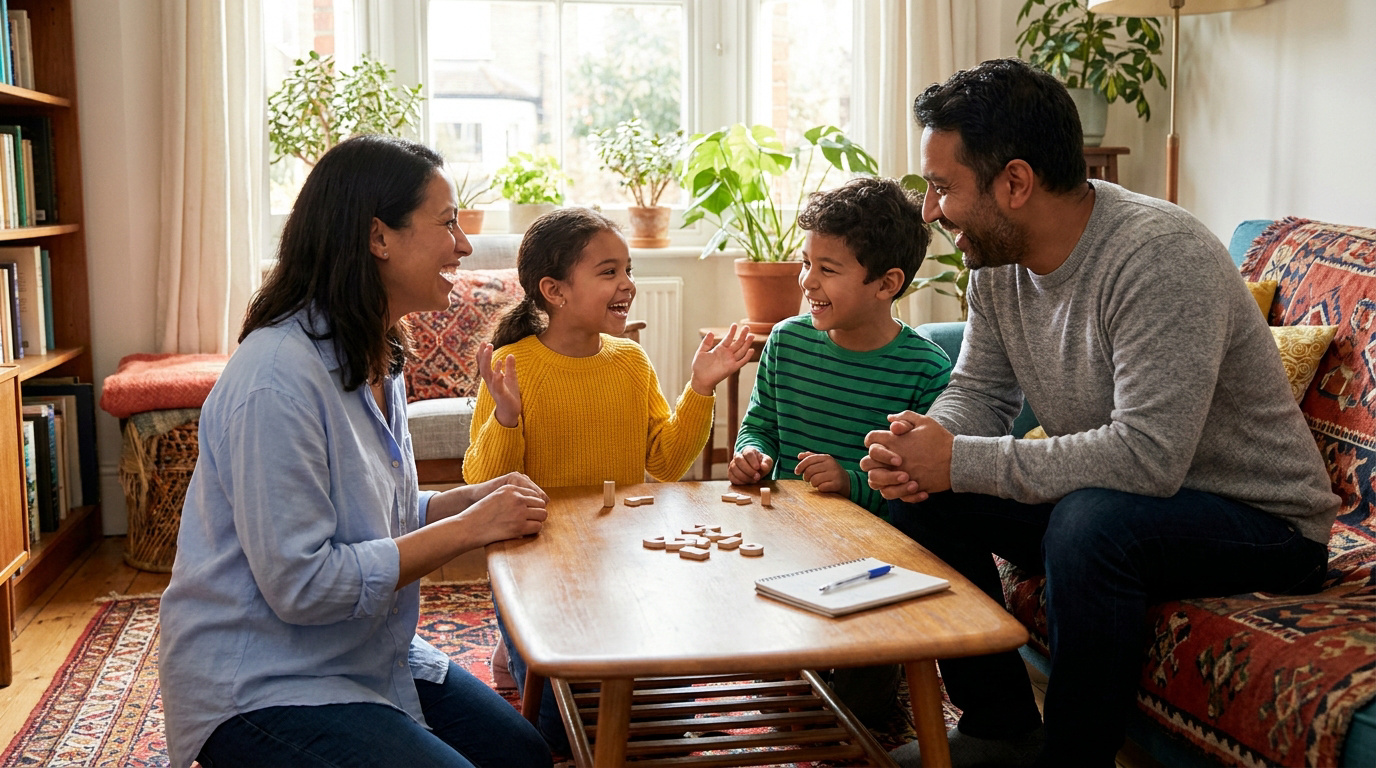 Deux parents et deux enfants rient autour d'une table de jeu dans le salon — illustration générée par IA