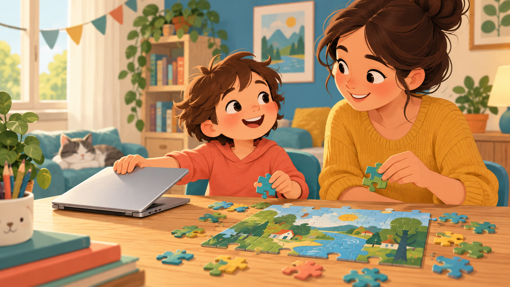Ein Kind klappt den Laptop zu, um mit einem Elternteil ein Puzzle zu machen