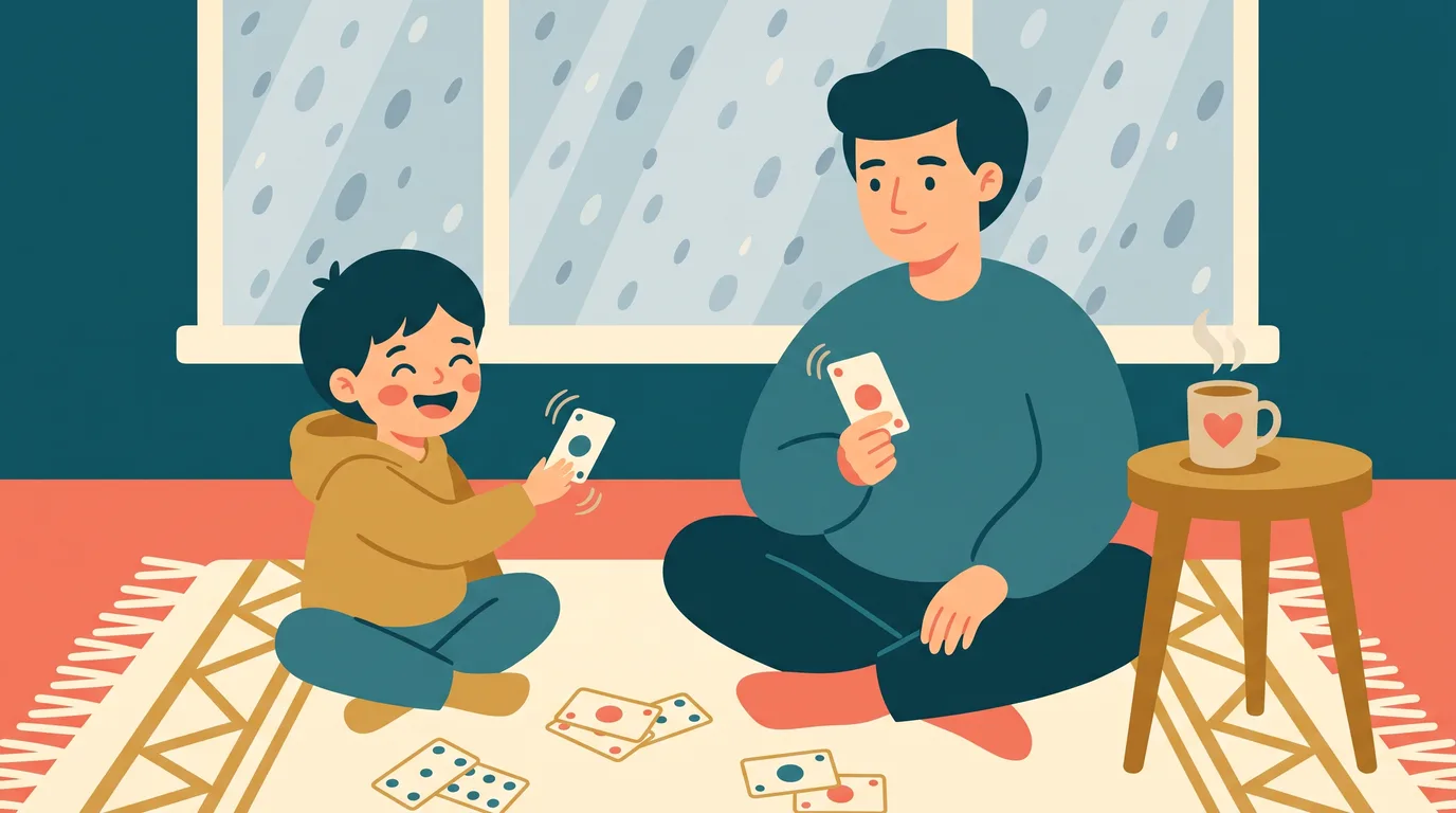 A parent and child playing cards on the living room rug to practise times tables