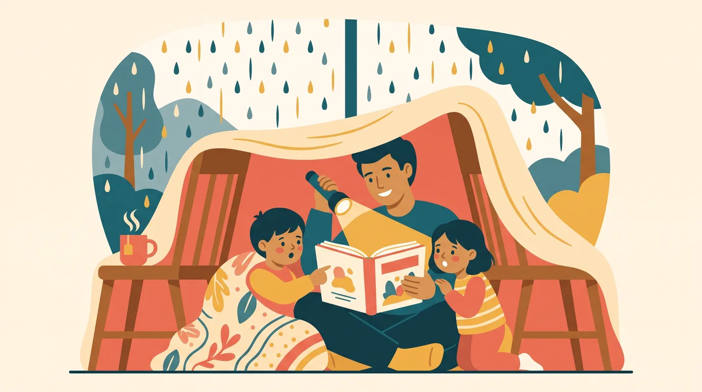 A parent and two children reading in a blanket fort in the living room while it rains outside the window