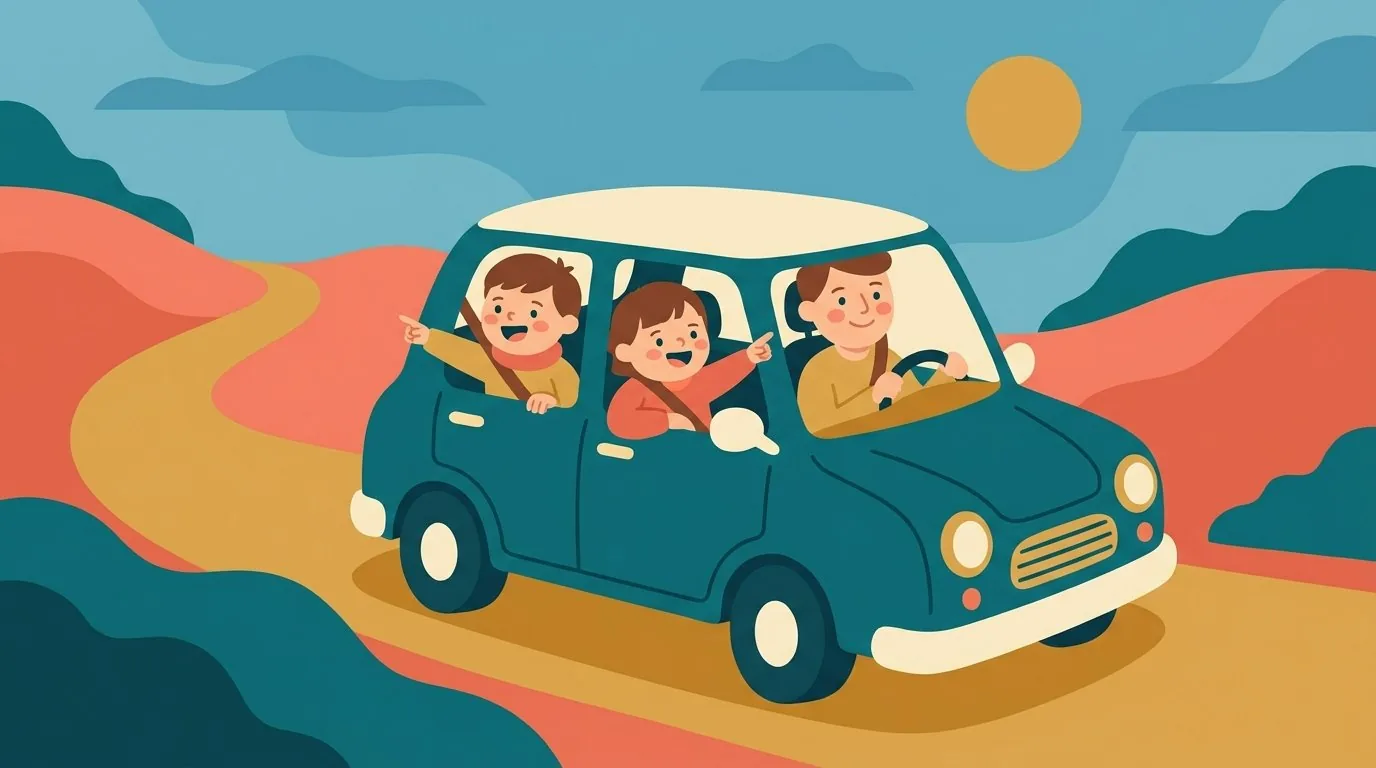 Une famille en voyage sur la route des vacances, deux enfants souriants jouent à l'arrière de la voiture en regardant par la fenêtre