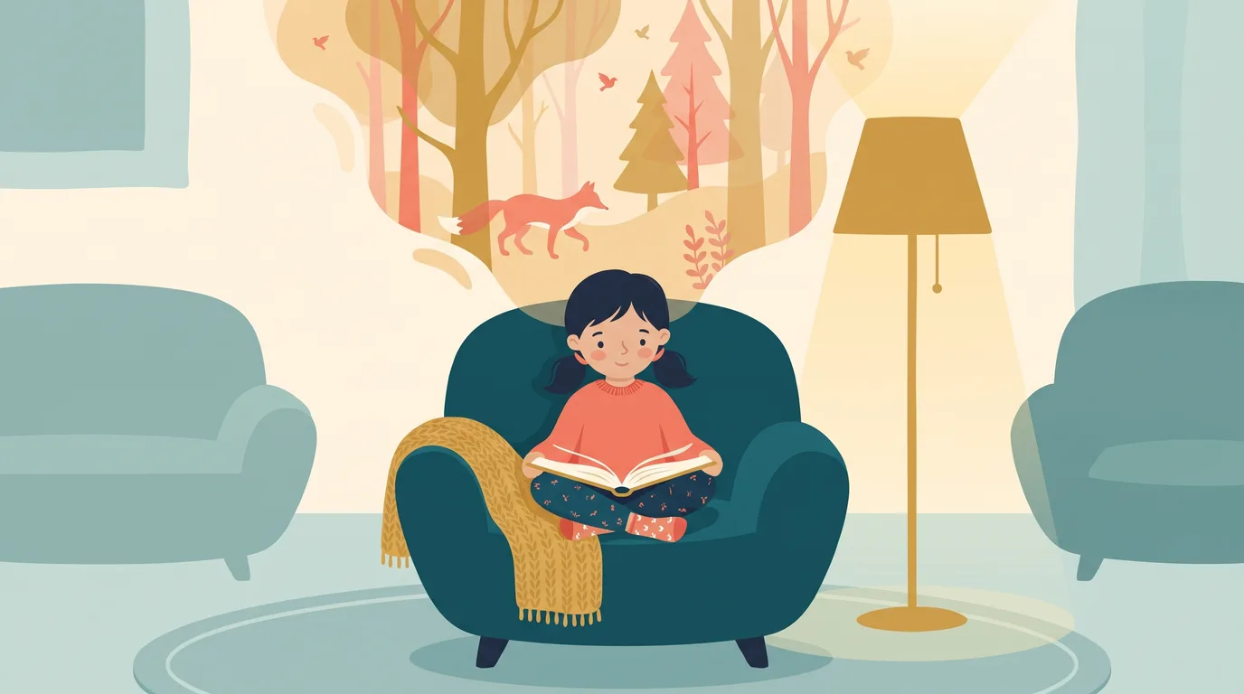 Une fillette lit un roman en silence dans un fauteuil, la forêt et le renard de l’histoire apparaissent au-dessus de sa tête