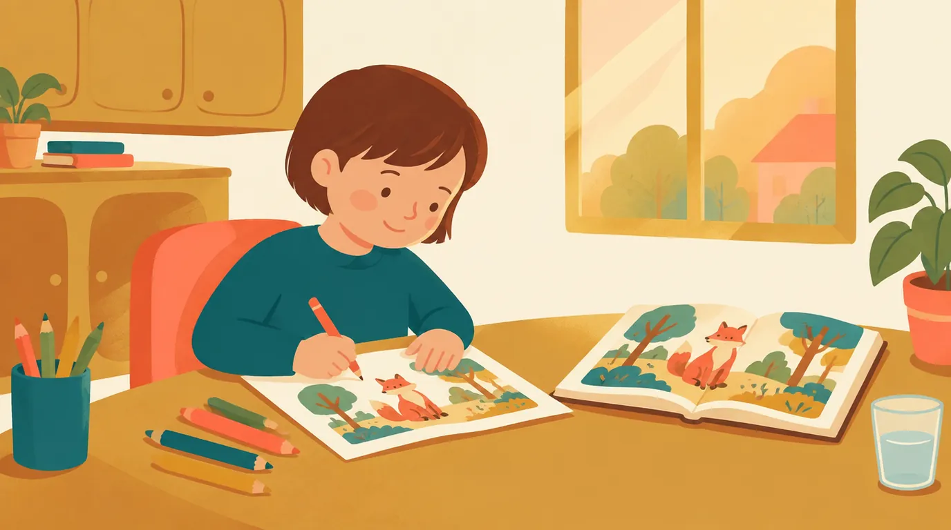 Un garçon dessine un renard et une forêt aux crayons de couleur, l'album qu'il vient de lire ouvert à côté de lui