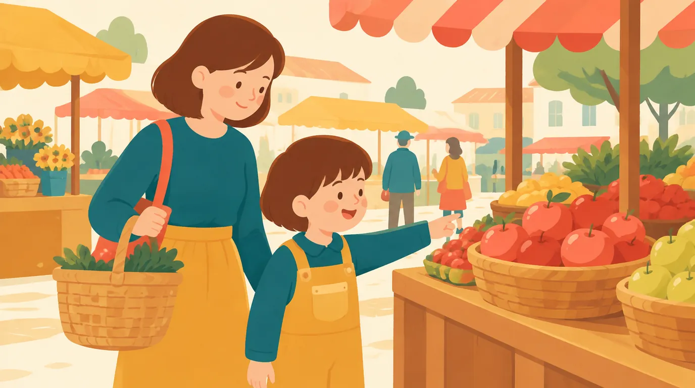 Au marché, un garçon de 7 ans montre fièrement un panier de pommes rouges tandis que sa mère tient un panier en osier