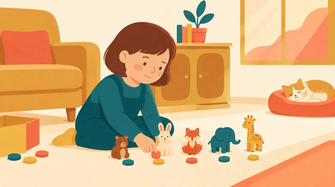 Une fillette aligne de petites figurines d'animaux sur une table et pose un jeton coloré devant chacune d'elles