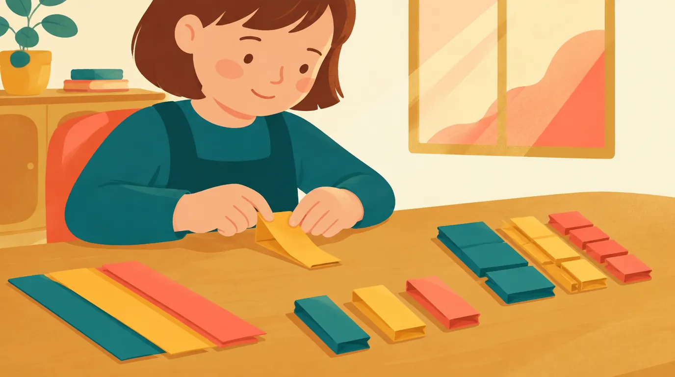 Manos de un niño doblan tiras de papel de colores en mitades y cuartos sobre un escritorio de madera
